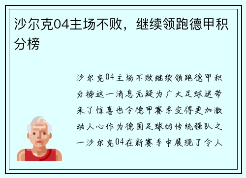 沙尔克04主场不败，继续领跑德甲积分榜