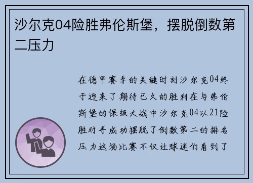 沙尔克04险胜弗伦斯堡，摆脱倒数第二压力